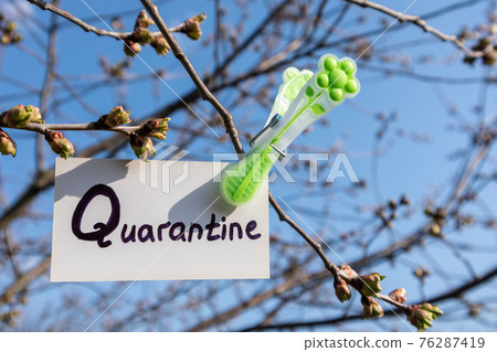 Quarantine word on white card hanging pin spring Quarantine word on white card hanging pin spring 76287419