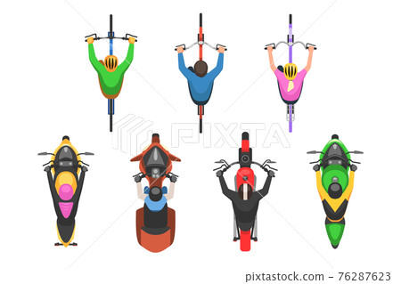 Motorcycle and bicycle driver wearing helmet top view set Motorcycle and bicycle driver wearing helmet top view set 76287623