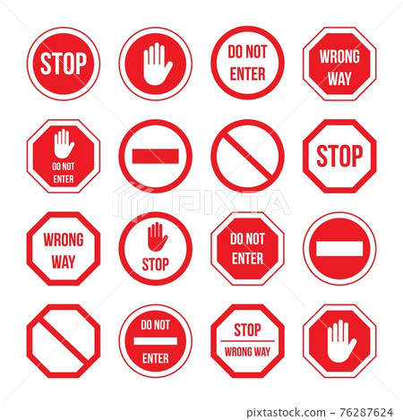 Stop sign with warning message information set Stop sign with warning message information set 76287624