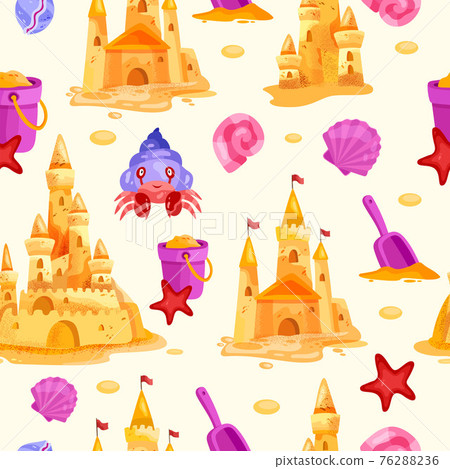 Sand castle vector summer vacation beach seamless pattern, shell, bucket, crab, shovel, towers Sand castle vector summer vacation beach seamless pattern, shell, bucket, crab, shovel, towers 76288236