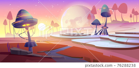 Fantasy landscape with glowing mushrooms at sunset Fantasy landscape with glowing mushrooms at sunset 76288238