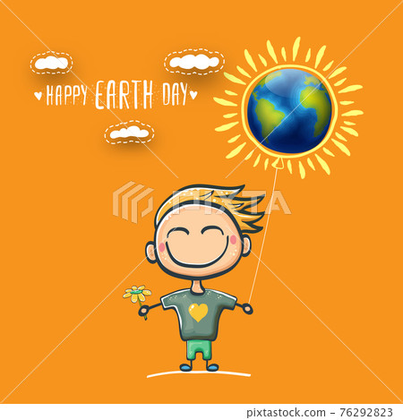 Cartoon earth day illustration or banner with little cute boy character holding in hands baloon with earth globe. Vector World earth day concept poster illustration with planet Earth and funny child 76292823