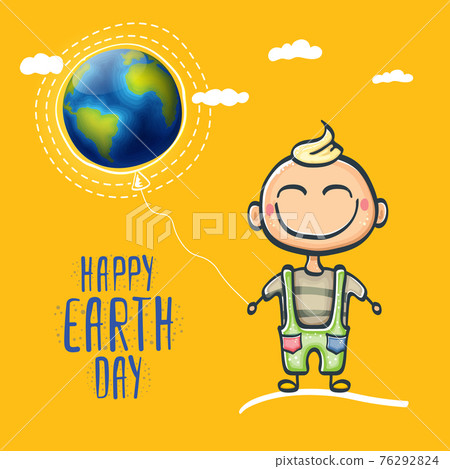 Cartoon earth day illustration or banner with little cute boy character holding in hands baloon with earth globe. Vector World earth day concept poster illustration with planet Earth and funny child 76292824