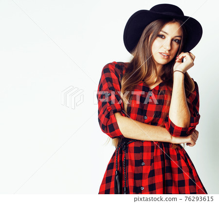 young pretty brunette girl hipster in hat on white background casual close up dreaming smiling 76293615