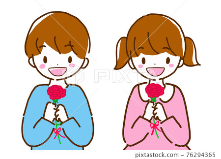 男孩和女孩手裡拿著微笑和康乃馨的可愛線條畫插圖 76294365