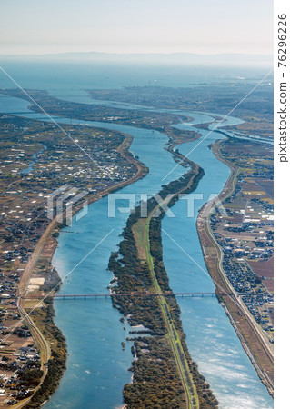 Aerial view of the Nagara and Kiso rivers from the sky above the Tokai Bridge 76296226