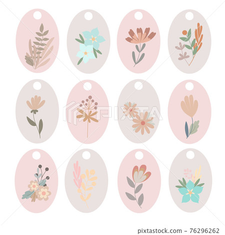 Paste-colored boho simple flowers gift tags labels set, flat style floral vector illustration for craft, handmade gifts, bohemian springtime decoration 76296262