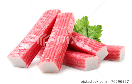 Crab sticks heap on a white background. Isolated Crab sticks heap on a white background. Isolated 76296557