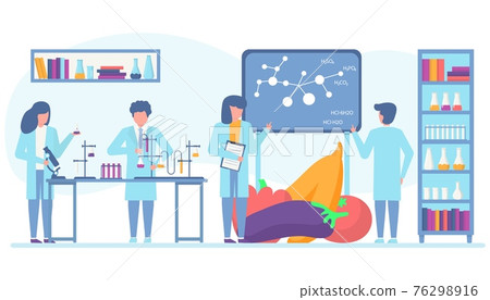 Food vegetable research, gmo experiment in laboratory, vector illustration. Biotechnology in lab, genetic modification control by man woman 76298916