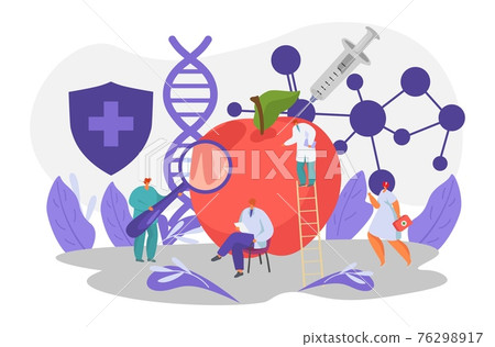 Gmo experiment, scientist test product with genetic modification, vector illustration. Science work for graphic people health design 76298917