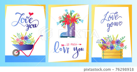Floral card invitation design, vector illustration. Spring gardening background, greeting poster with flower set. Poster with cartoon frame 76298918