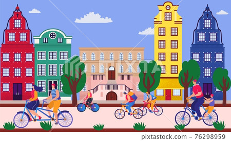 Bicycle parade on street, vector illustration. Sporting event on road, fun city holiday. Group young people having fun. Festive summer sports. Bicycle parade on street, vector illustration. Sporting event on road, fun city holiday. Group young people having fun. Festive summer sports. 76298959