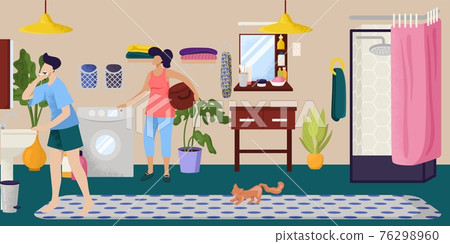Modern bathroom interior, vector illustration. Hygiene room design. Stylish, bright room with mirror, shower, sink and furniture. 76298960