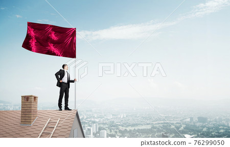 Young businessman with flag presenting concept of leadership. Mixed media Young businessman with flag presenting concept of leadership. Mixed media 76299050