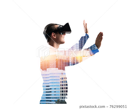 Guy wearing checked shirt and virtual mask stretching hands and trying to concentrate Guy wearing checked shirt and virtual mask stretching hands and trying to concentrate 76299051