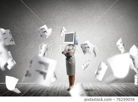 Business woman with monitor instead of head. Business woman with monitor instead of head. 76299056