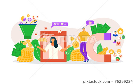Monetize online blog, internet content marketing vector illustration. Flat monetization business, money from blog ads concept. Woman at social media Monetize online blog, internet content marketing vector illustration. Flat monetization business, money from blog ads concept. Woman at social media 76299224