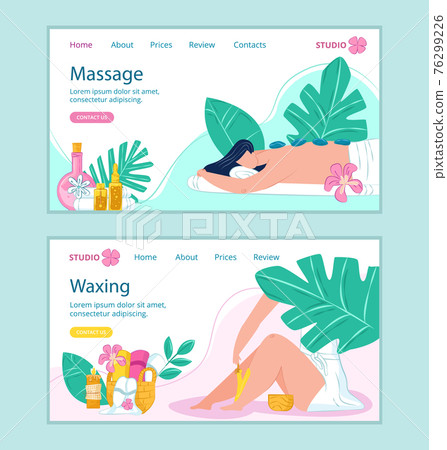 Spa massage, waxing at beauty salon web page set, vector illustration. Body health care by cartoon skin therapy with wax, stones landing banner. 76299226
