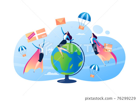 Mail delivery by transportation service concept, vector illustration. Woman hero character transport box, cartoon parcels all over world. Mail delivery by transportation service concept, vector illustration. Woman hero character transport box, cartoon parcels all over world. 76299229