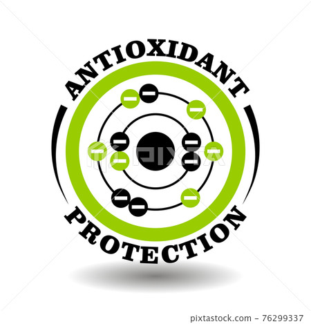 Circle vector icon Antioxidant Protection with molecule symbol protect cell against free radical electron signs. Natural organic cosmetics and medical product package 76299337