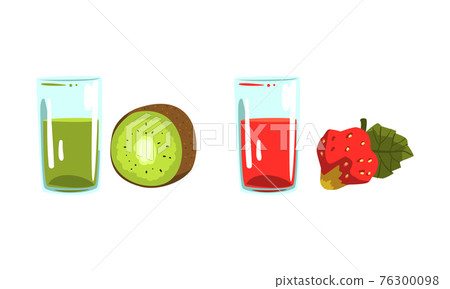Glass of Fresh Squeezed Juice with Fruit Ingredient Rested Nearby Vector Set Glass of Fresh Squeezed Juice with Fruit Ingredient Rested Nearby Vector Set 76300098