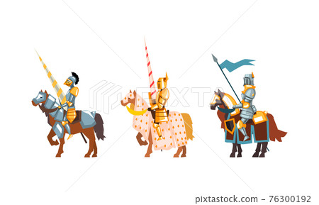 Armored Medieval Knight or Cavalryman Sitting on Horseback Holding Lance Vector Set Armored Medieval Knight or Cavalryman Sitting on Horseback Holding Lance Vector Set 76300192