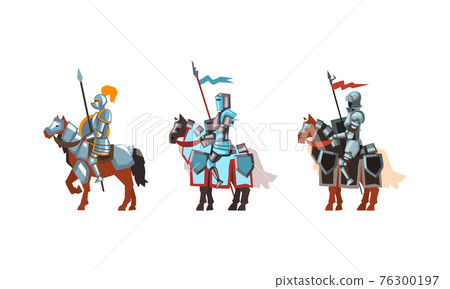 Armored Medieval Knight or Cavalryman Sitting on Horseback Holding Lance Vector Set 76300197