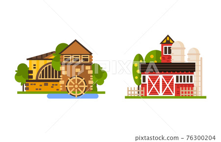 Rural Farm Area with House and Building Rested on Green Lawn Vector Set Rural Farm Area with House and Building Rested on Green Lawn Vector Set 76300204
