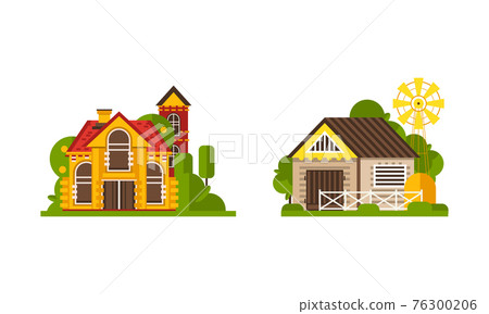Rural Farm Area with House and Building Rested on Green Lawn Vector Set Rural Farm Area with House and Building Rested on Green Lawn Vector Set 76300206