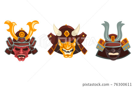 Ancient Warriors Masks Set, Masks with Scary Facial Expression Cartoon Vector Illustration 76300611