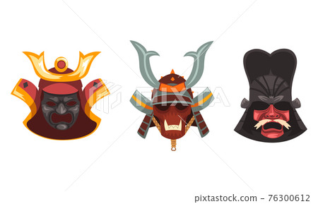 Horned Scary Masks of Ancient Warriors Set Cartoon Vector Illustration on White Background Horned Scary Masks of Ancient Warriors Set Cartoon Vector Illustration on White Background 76300612