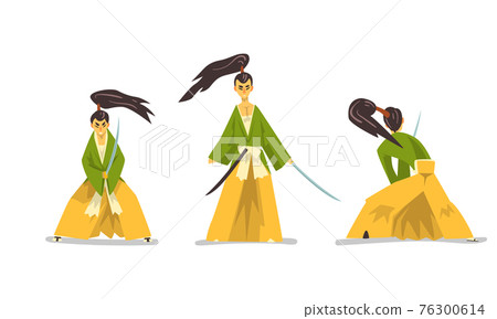 Set of Samurai Japanese Warrior in Traditional Kimono Fighting with Katana Swords Cartoon Vector Illustration Set of Samurai Japanese Warrior in Traditional Kimono Fighting with Katana Swords Cartoon Vector Illustration 76300614