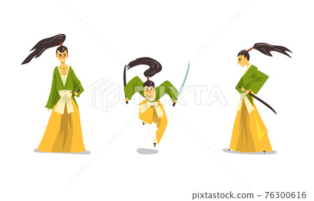 Samurai in Traditional Kimono Fighting with Katana Swords Set, Asian Martial Art Concept Cartoon Vector Illustration 76300616