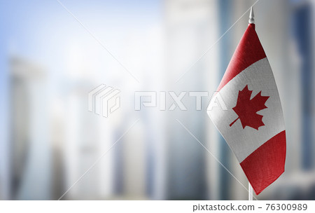 A small flag of Canada on the background of a blurred background 76300989