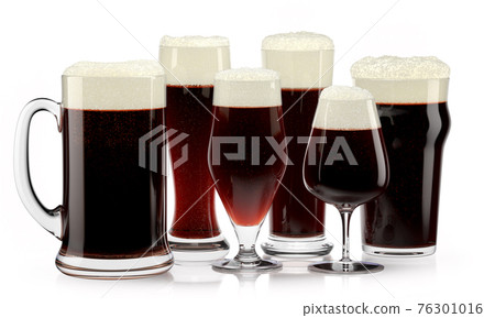 Set of fresh stout beer glasses with bubble froth isolated on white background. Set of fresh stout beer glasses with bubble froth isolated on white background. 76301016