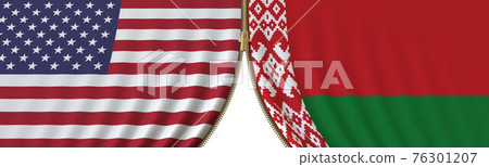 United States and Belarus cooperation or conflict, flags and closing or opening zipper between them. Conceptual 3D rendering United States and Belarus cooperation or conflict, flags and closing or opening zipper between them. Conceptual 3D rendering 76301207
