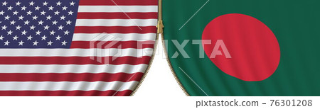 Flags of United States and Bangladesh and closing or opening zipper between them. Political negotiations or interaction conceptual 3D rendering Flags of United States and Bangladesh and closing or opening zipper between them. Political negotiations or interaction conceptual 3D rendering 76301208
