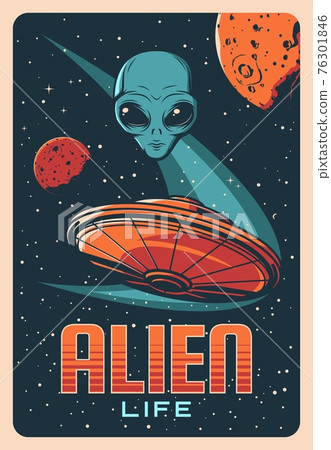 Alien head, space planets and ufo retro vector 76301846