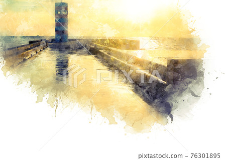 Watercolor drawing, illustration. Felgueiras Lighthouse on shore of Atlantic ocean in Porto, Portugal at sunset 76301895