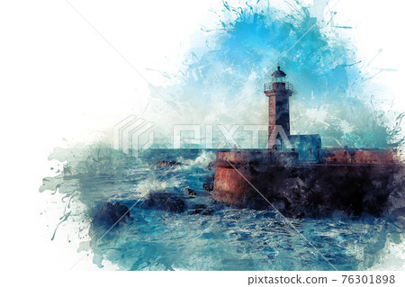 The waves of the Atlantic Ocean crash against the rocks at sunset by the lighthouse 76301898