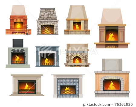 House fireplace, hearth with firewood flames House fireplace, hearth with firewood flames 76301920