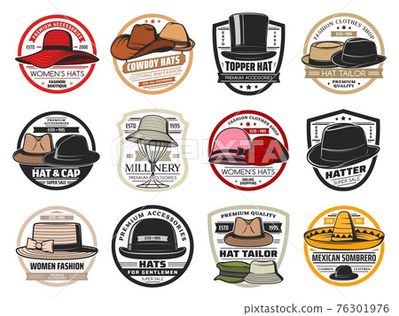 Millinery and hat making tailor salon icons 76301976