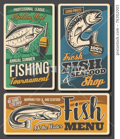 Fishing tournament, seafood shop vector banners Fishing tournament, seafood shop vector banners 76302005