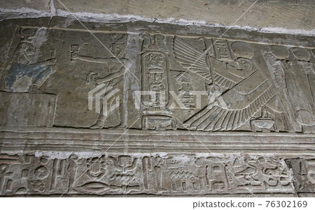 Mysterious murals on the walls of the Temple of Dendera Hathor , near the city of Ken 76302169