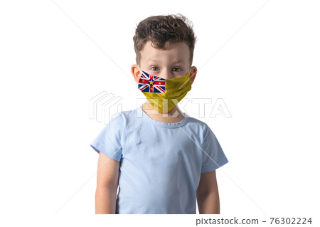 Respirator with flag of Niue. White boy puts on medical face mask isolated on white background Respirator with flag of Niue. White boy puts on medical face mask isolated on white background 76302224
