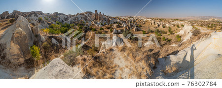 The picturesque panorama of Cappadocia at sunset, amazing Turkey, Mountains and rock formation, big size image, Goreme national park, Love valley, open air museum, ancient region of Anatolia, Unesco 76302784
