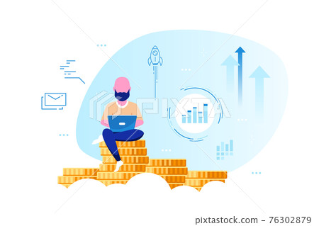 Young man with laptop sitting on stack of coins. - Stock Illustration ...