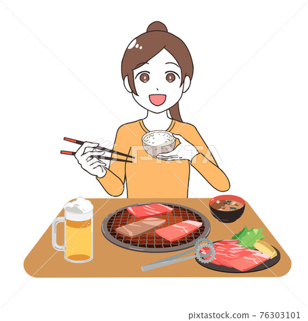 Beer woman eating yakiniku 76303101