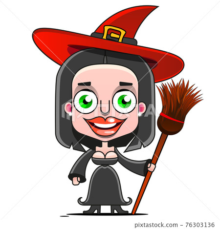 A cartoon witch flying on a broomstick. 76303136