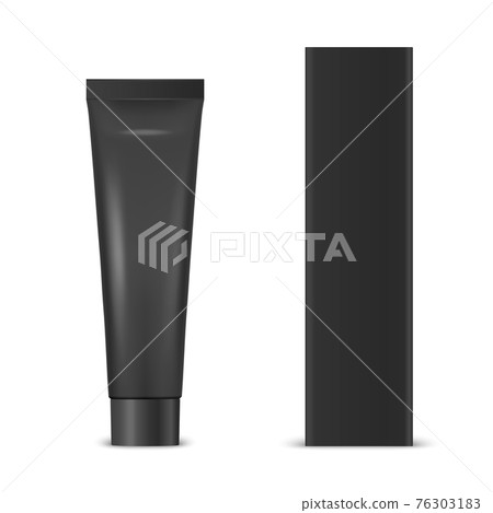 Vector 3d Realistic Plastic, Metal Black Tooth Paste, Cream Tube, Carton Packing Isolated on White Background. Design Template of Toothpaste, Cosmetics, Cream, Tooth Paste for Mockup. Front View 76303183